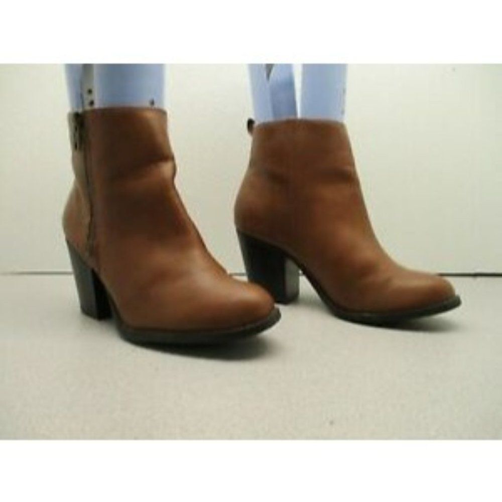 Attention Womens Auden Cognac Brown Side Zip Block Heel Ankle Booties Size 8 M